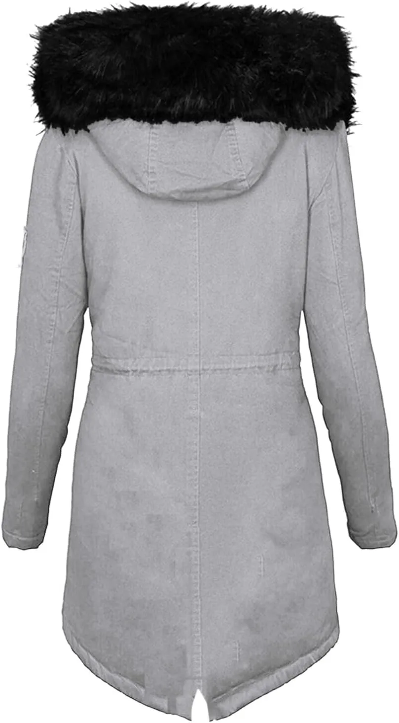 Winter Jacket for Women Fleece Puffer Lined Parka Drawstring Waterproof Coat Warm Hood Overcoat with Pockets