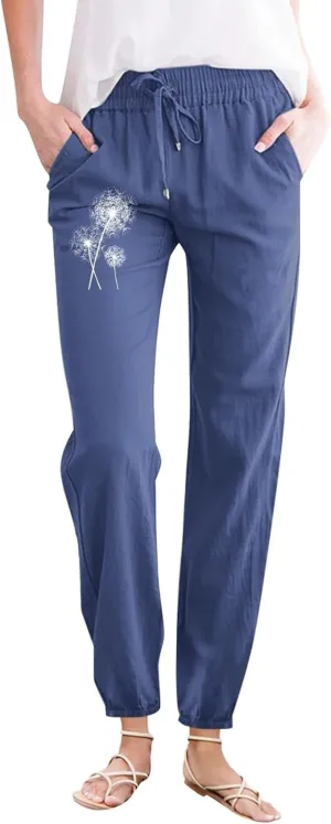 Woman Pants Casual Summer Drawstring High Waist Straight Leg Pants Casual Dressy Work Vacation Beach Trousers with Pockets