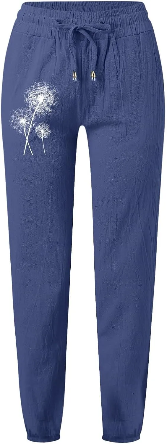 Woman Pants Casual Summer Drawstring High Waist Straight Leg Pants Casual Dressy Work Vacation Beach Trousers with Pockets