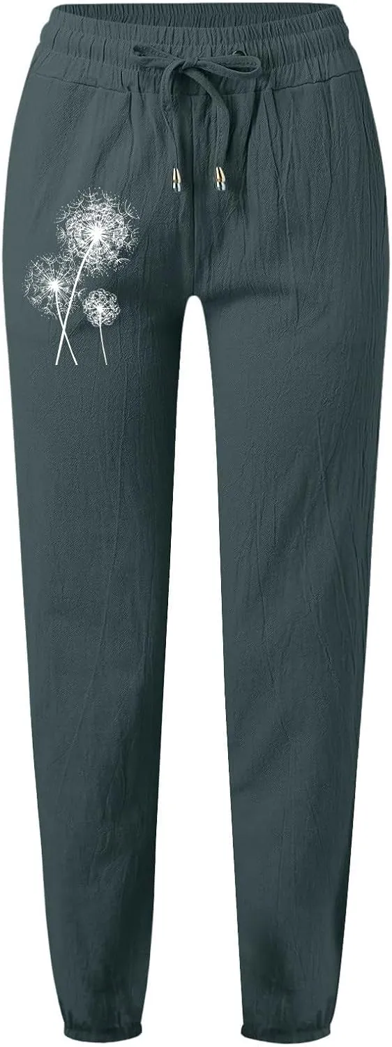 Woman Pants Casual Summer Drawstring High Waist Straight Leg Pants Casual Dressy Work Vacation Beach Trousers with Pockets