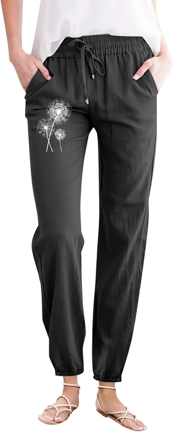 Woman Pants Casual Summer Drawstring High Waist Straight Leg Pants Casual Dressy Work Vacation Beach Trousers with Pockets