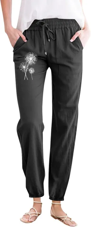 Woman Pants Casual Summer Drawstring High Waist Straight Leg Pants Casual Dressy Work Vacation Beach Trousers with Pockets