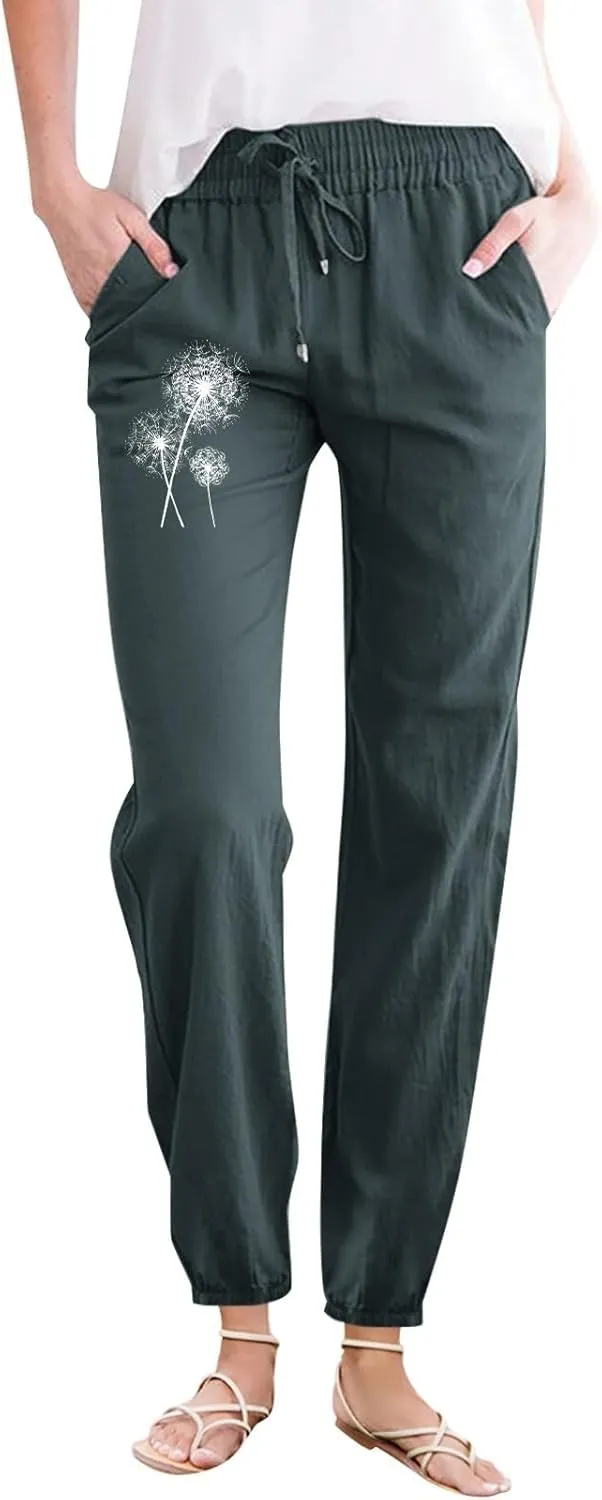 Woman Pants Casual Summer Drawstring High Waist Straight Leg Pants Casual Dressy Work Vacation Beach Trousers with Pockets
