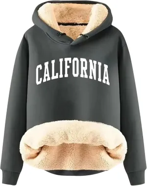 Women California Hoodies Winter Sherpa Lined Sweatshirt Warm Thermal Pullover Hooded Sweatshirts Fleece Jacket