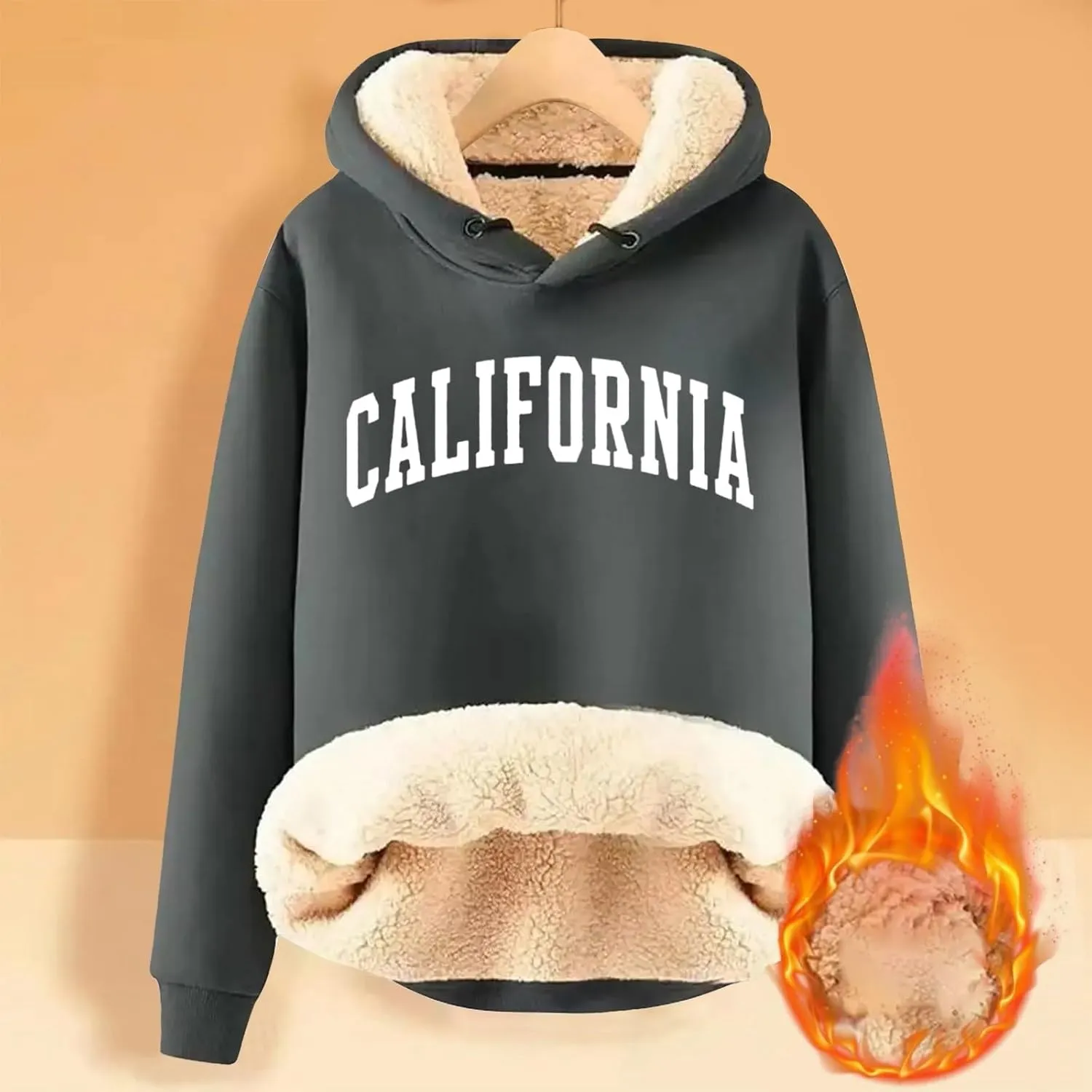 Women California Hoodies Winter Sherpa Lined Sweatshirt Warm Thermal Pullover Hooded Sweatshirts Fleece Jacket