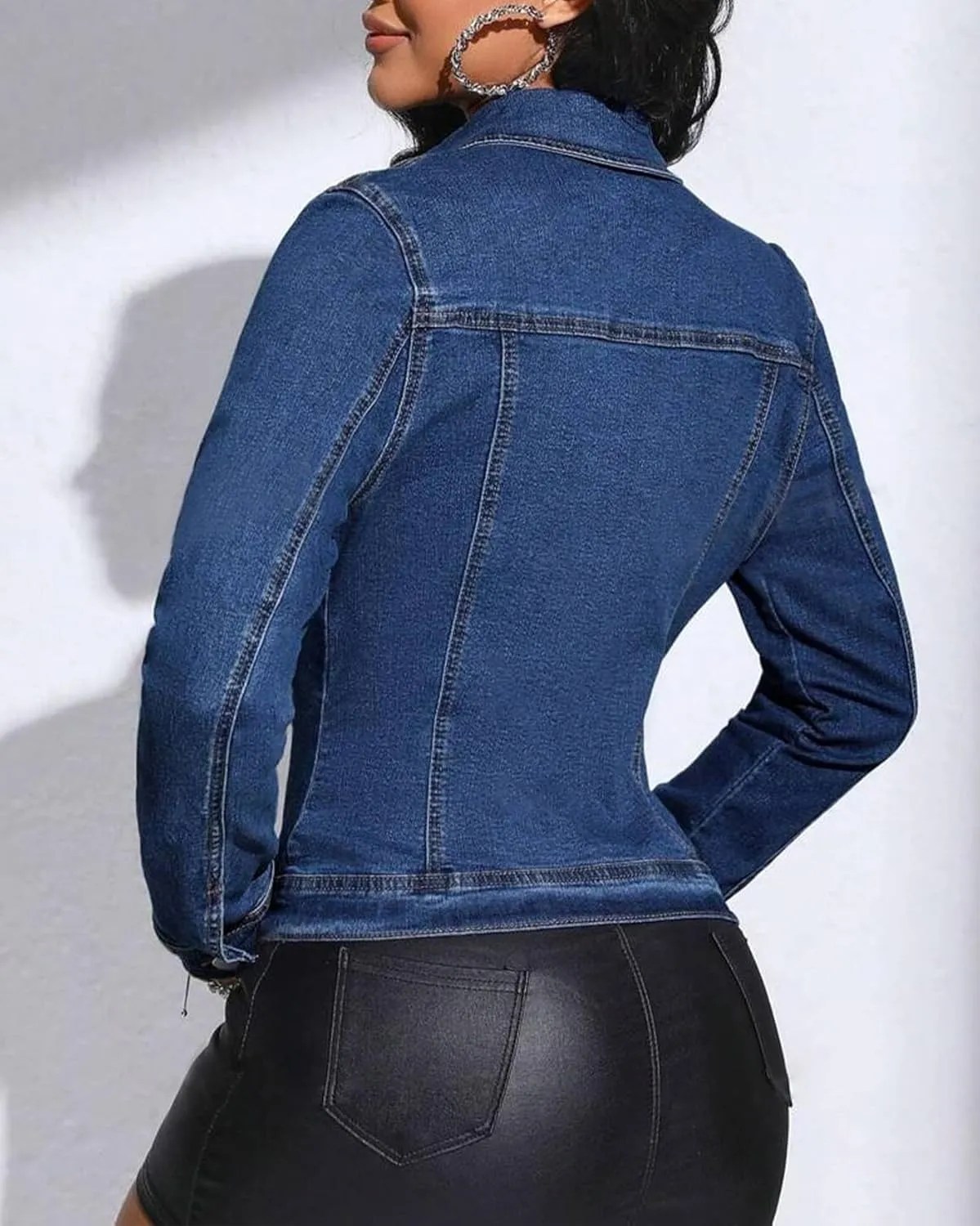 Women Cropped Denim Jacket Lapel Button Down Long Sleeve Slim Fitted Stretchy Short Jean Jacket with Pockets