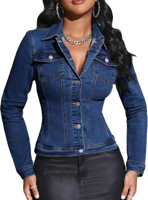 Women Cropped Denim Jacket Lapel Button Down Long Sleeve Slim Fitted Stretchy Short Jean Jacket with Pockets