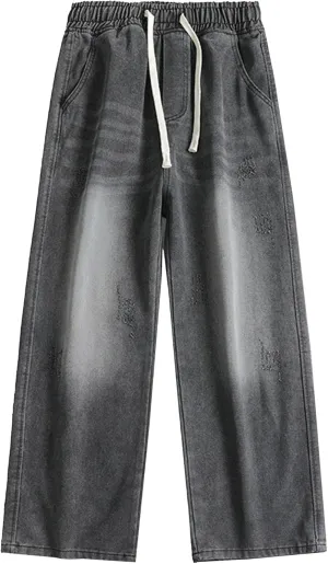 Women Drawstring Sports Casual Denim Pants Distressed Fashion Joker Straight Jeans Y2K Handsome Wide Leg Trousers