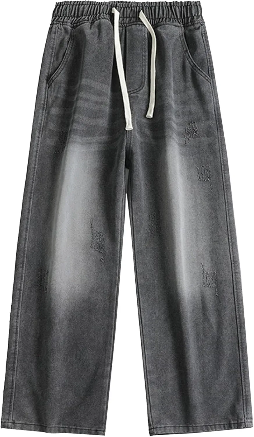 Women Drawstring Sports Casual Denim Pants Distressed Fashion Joker Straight Jeans Y2K Handsome Wide Leg Trousers