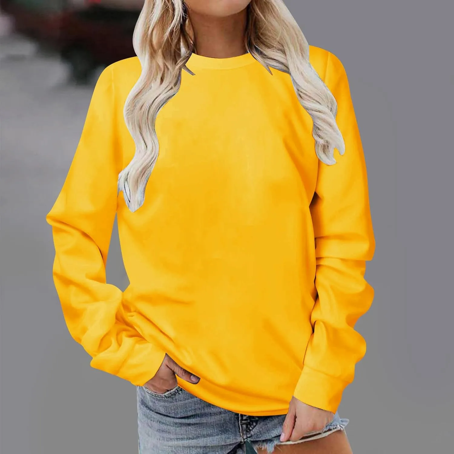 Women Fashion Solid Color Sweatshirts Fleece Long Sleeve Hoodie Crew Neck Pullover Top Loose Casual Clothes