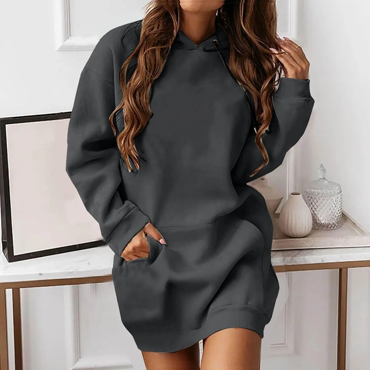 Women Oversized Tunic Hoodie Drawstring Winter Plus Size Sweatshirt Fall Casual Loungewear Pullover Tops with Pockets