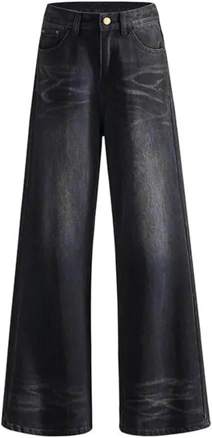 Women Retro Jeans Wide Leg Pants Loose Straight Jeans Versatile High Waist Trousers