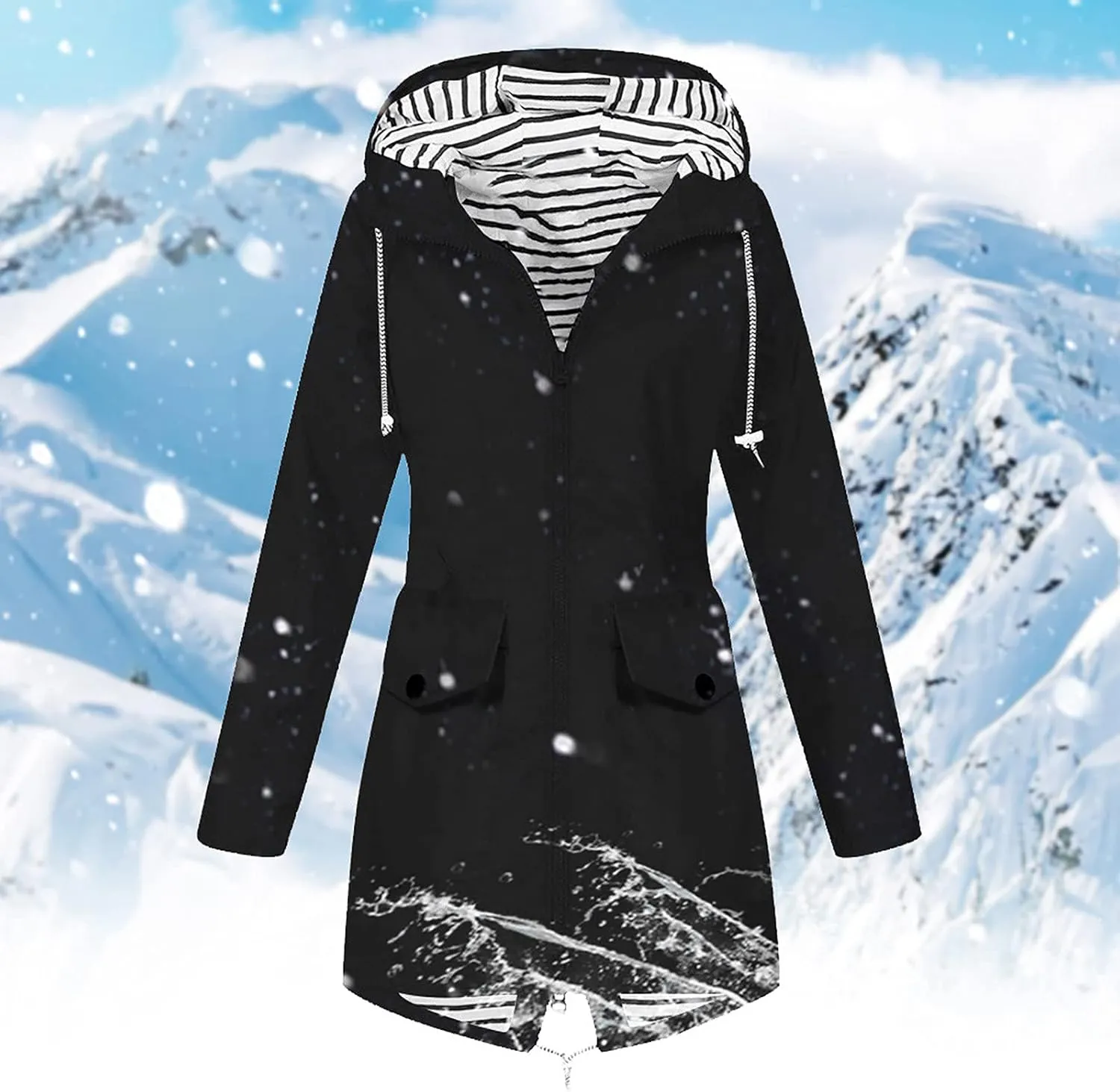 Women Solid Rain Jacket Outdoor Hooded Windproof Coat Fall Winter Casual Coats Plus Size Zip Up Hoodie Outwear