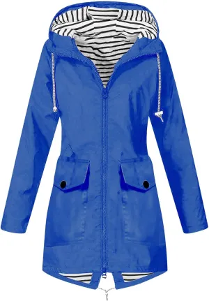 Women Solid Rain Jacket Outdoor Hooded Windproof Coat Fall Winter Casual Coats Plus Size Zip Up Hoodie Outwear