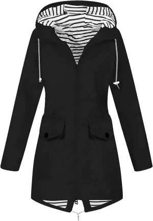 Women Solid Rain Jacket Outdoor Hooded Windproof Coat Fall Winter Casual Coats Plus Size Zip Up Hoodie Outwear