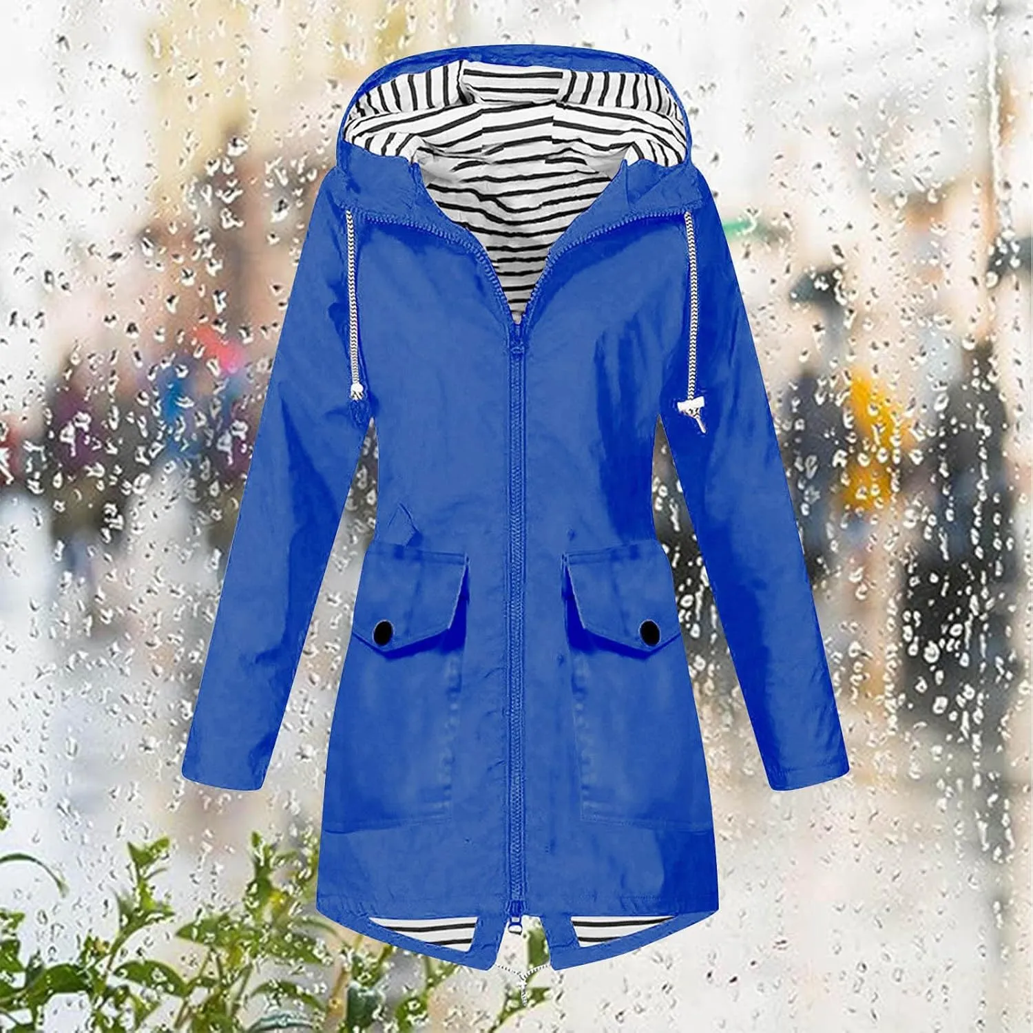 Women Solid Rain Jacket Outdoor Hooded Windproof Coat Fall Winter Casual Coats Plus Size Zip Up Hoodie Outwear