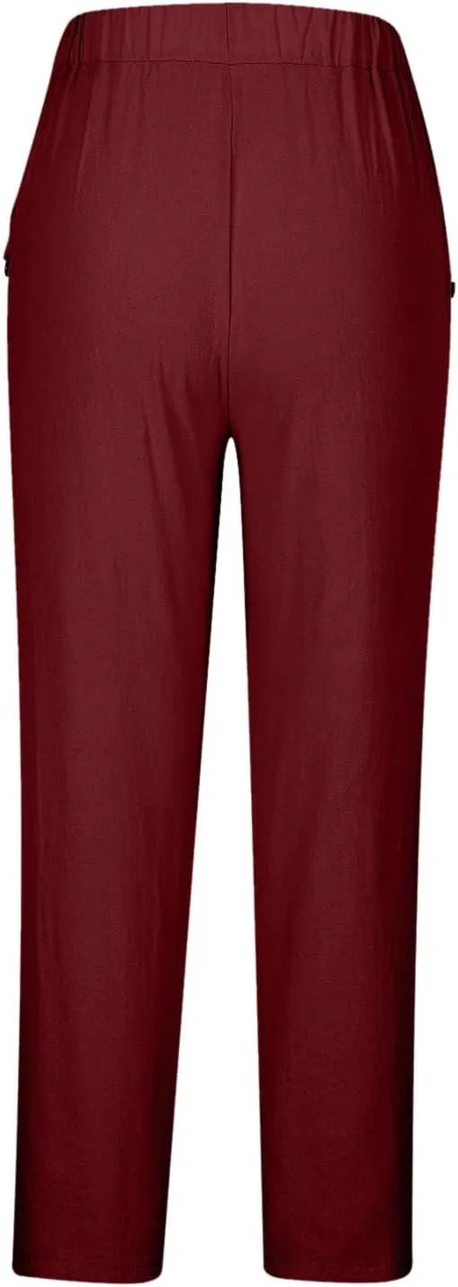 Women Straight Leg Pants High Waisted Stretchy Business Work Casual Trousers Lightweight Baggy Beachwear with Pockets