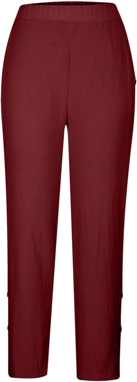 Women Straight Leg Pants High Waisted Stretchy Business Work Casual Trousers Lightweight Baggy Beachwear with Pockets