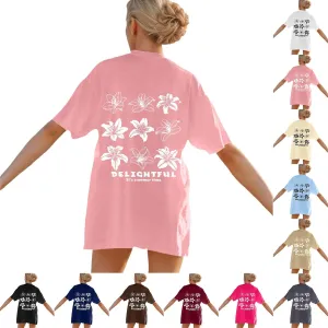 Women Summer Beach Oversized Tops Flowers Print Crew Neck Short Sleeve Coconut Tree T Shirt Funny Graphic Tees
