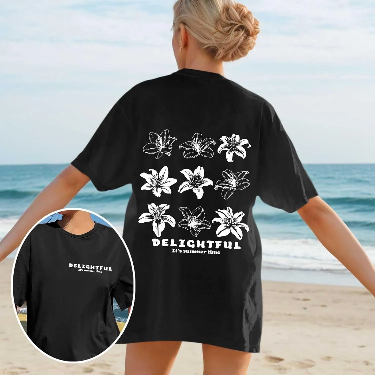 Women Summer Beach Oversized Tops Flowers Print Crew Neck Short Sleeve Coconut Tree T Shirt Funny Graphic Tees