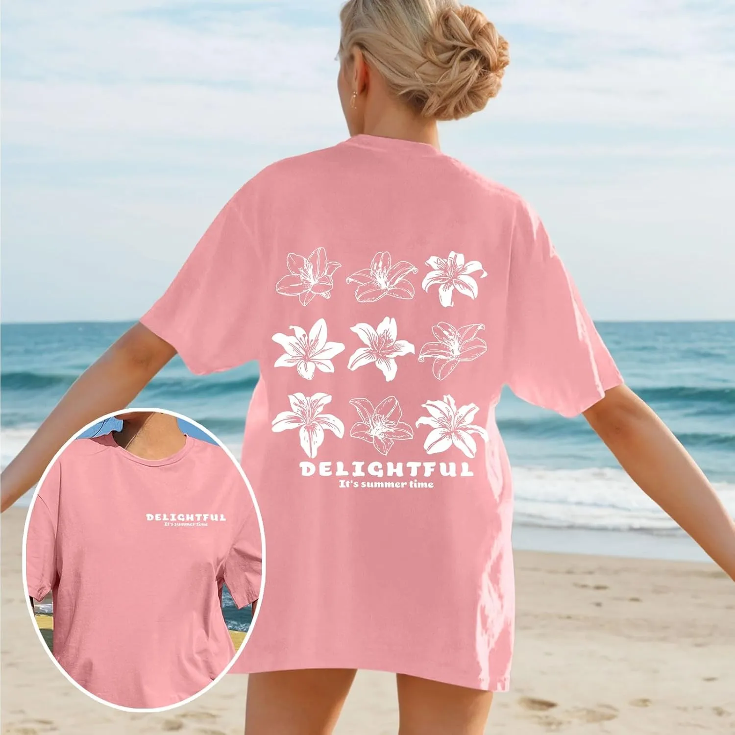 Women Summer Beach Oversized Tops Flowers Print Crew Neck Short Sleeve Coconut Tree T Shirt Funny Graphic Tees