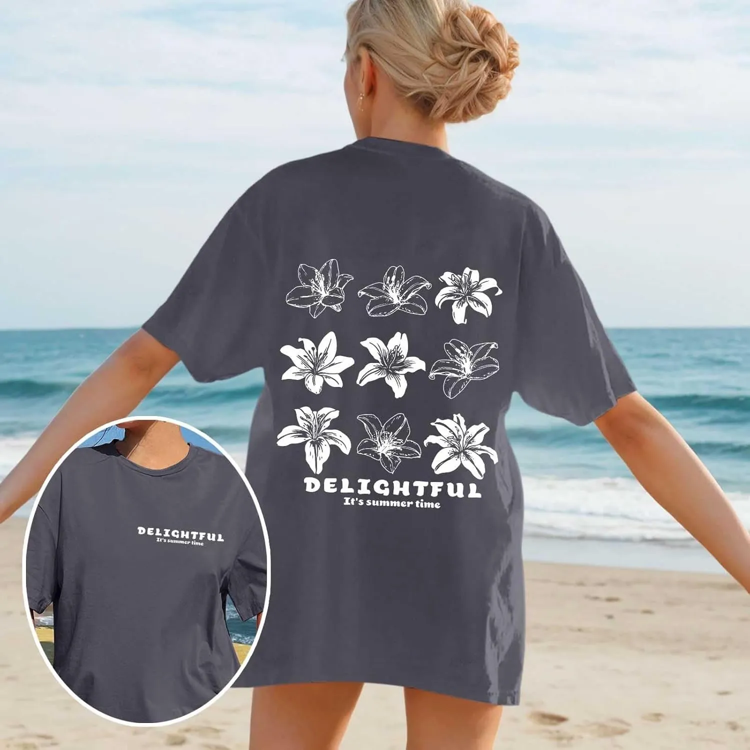 Women Summer Beach Oversized Tops Flowers Print Crew Neck Short Sleeve Coconut Tree T Shirt Funny Graphic Tees