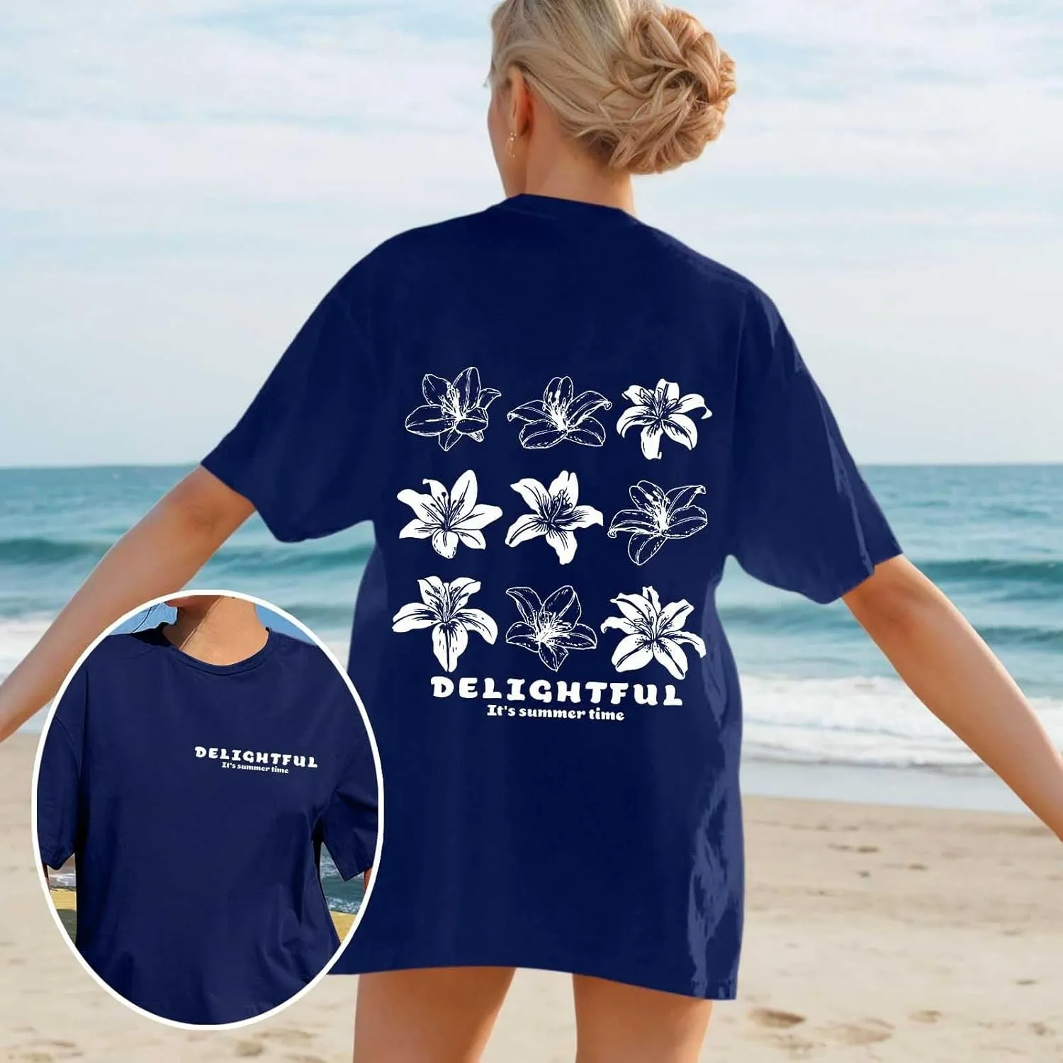 Women Summer Beach Oversized Tops Flowers Print Crew Neck Short Sleeve Coconut Tree T Shirt Funny Graphic Tees
