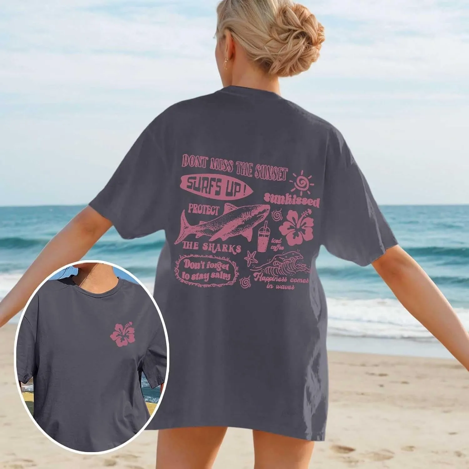 Women Summer Beach Oversized Tops Flowers Print Crew Neck Short Sleeve Coconut Tree T Shirt Funny Graphic Tees