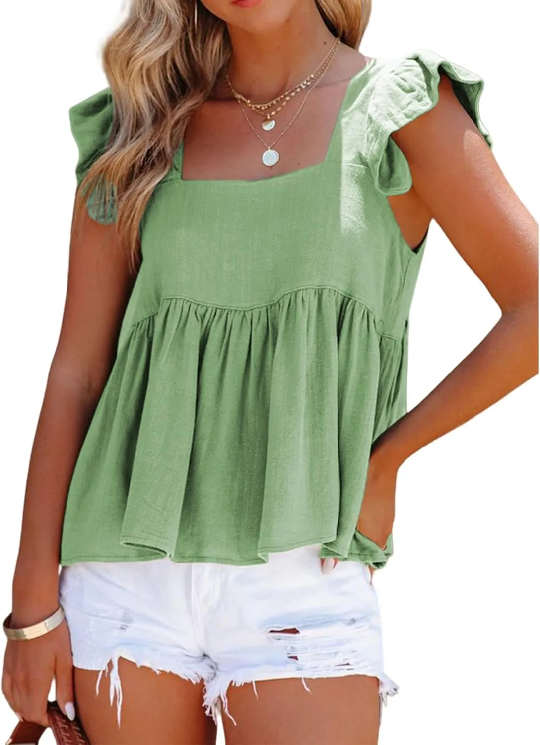 Women Summer Tops Square Neck Ruffles Sleeveless Tank Top Peplum Blouse Cute Backless Babydoll Tees