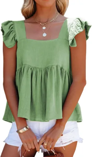 Women Summer Tops Square Neck Ruffles Sleeveless Tank Top Peplum Blouse Cute Backless Babydoll Tees