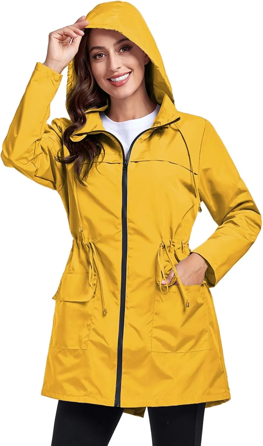 Women Waterproof Raincoat Lightweight Packable Active Outdoor Long Hooded Rain Jacket