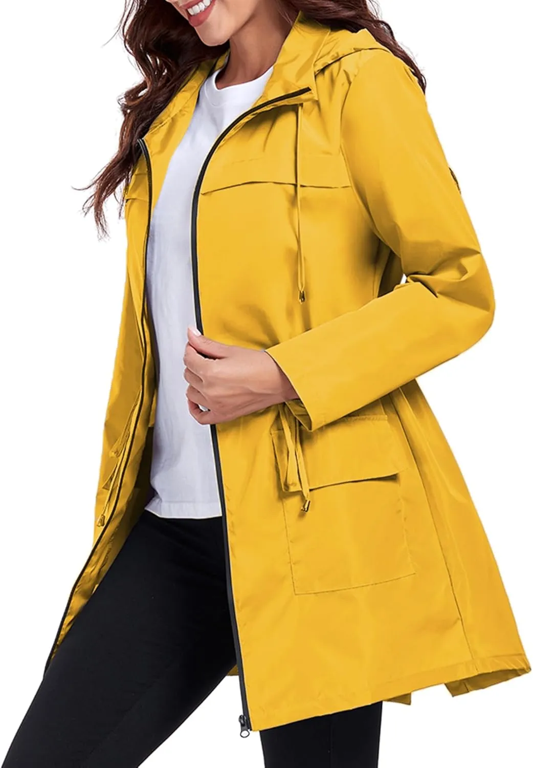 Women Waterproof Raincoat Lightweight Packable Active Outdoor Long Hooded Rain Jacket