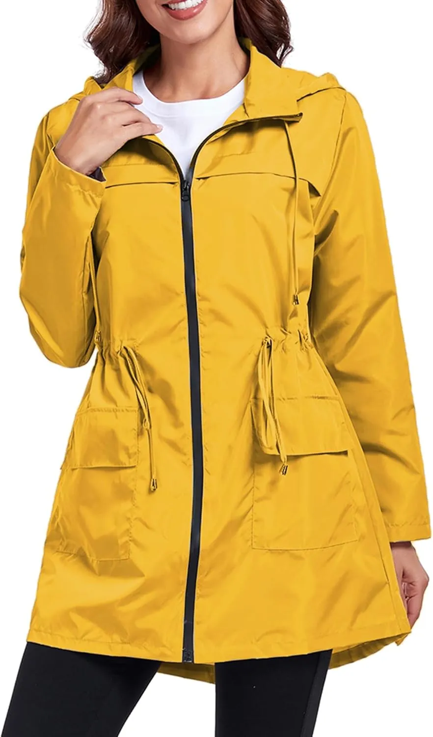 Women Waterproof Raincoat Lightweight Packable Active Outdoor Long Hooded Rain Jacket