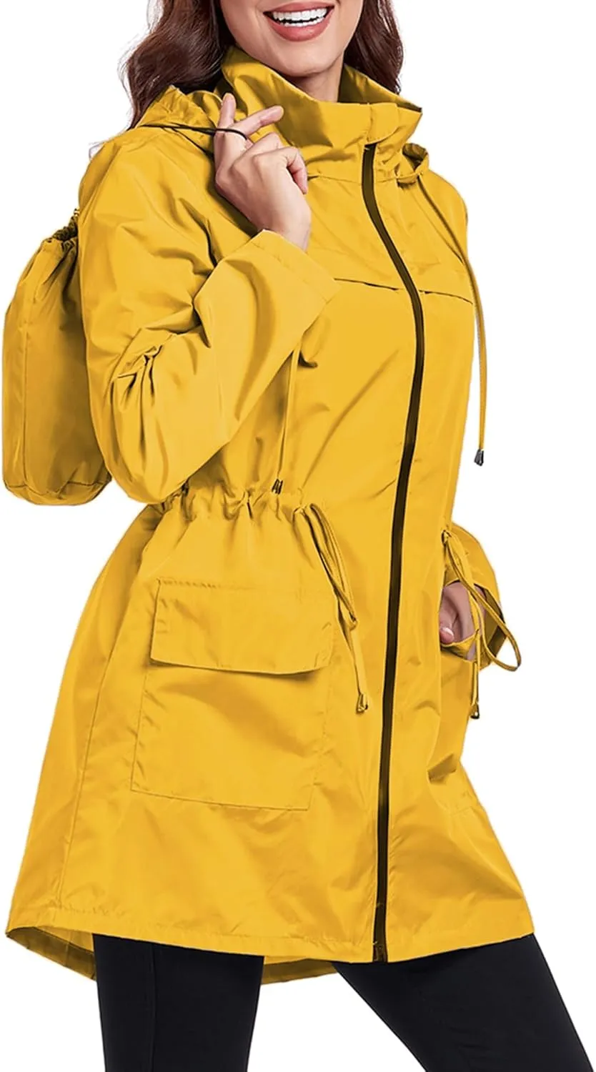 Women Waterproof Raincoat Lightweight Packable Active Outdoor Long Hooded Rain Jacket