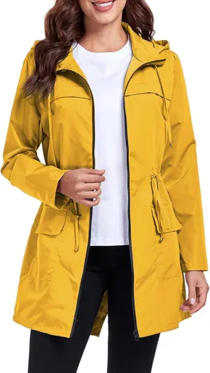 Women Waterproof Raincoat Lightweight Packable Active Outdoor Long Hooded Rain Jacket