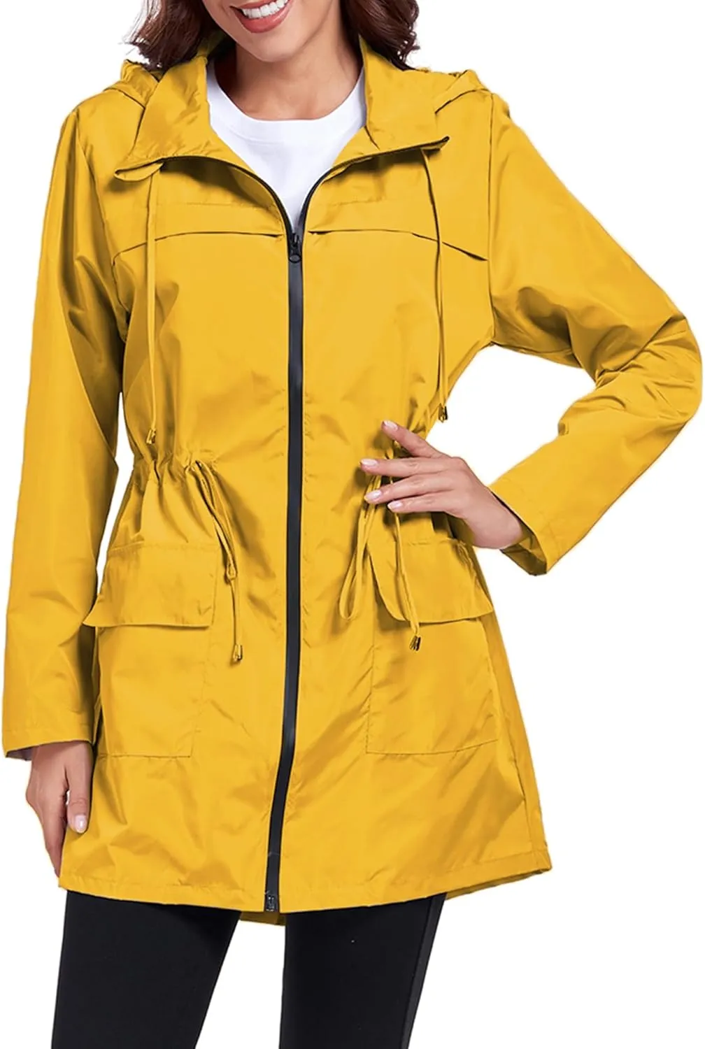 Women Waterproof Raincoat Lightweight Packable Active Outdoor Long Hooded Rain Jacket