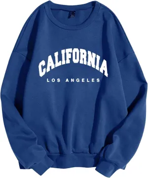 Womens California Los Angeles Sweatshirts Loose Fit Crew Neck Drop Shoulder Pullovers Baggy Fleece Preppy Top