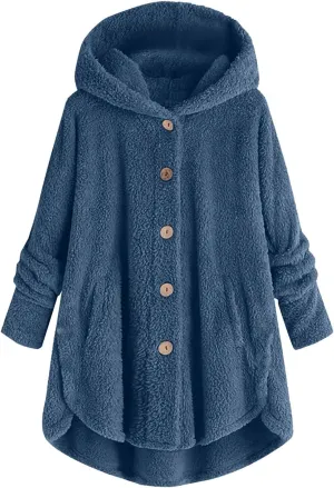 Womens Casual Fleece Jackets Oversized Button Down Winter Hooded Coats Long Sleeve Cardigan Sweater With Pockets