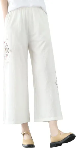 Women's Casual Floral Embroidered Cropped Pants Trendy Lightweight Elastic High Waist Solid Straight Wide Leg Baggy Trousers