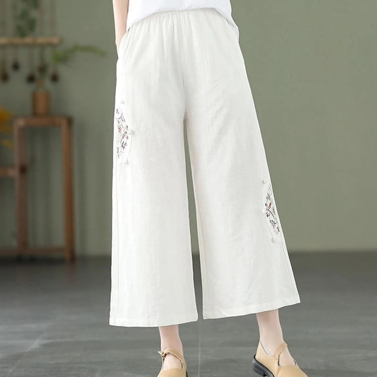 Women's Casual Floral Embroidered Cropped Pants Trendy Lightweight Elastic High Waist Solid Straight Wide Leg Baggy Trousers