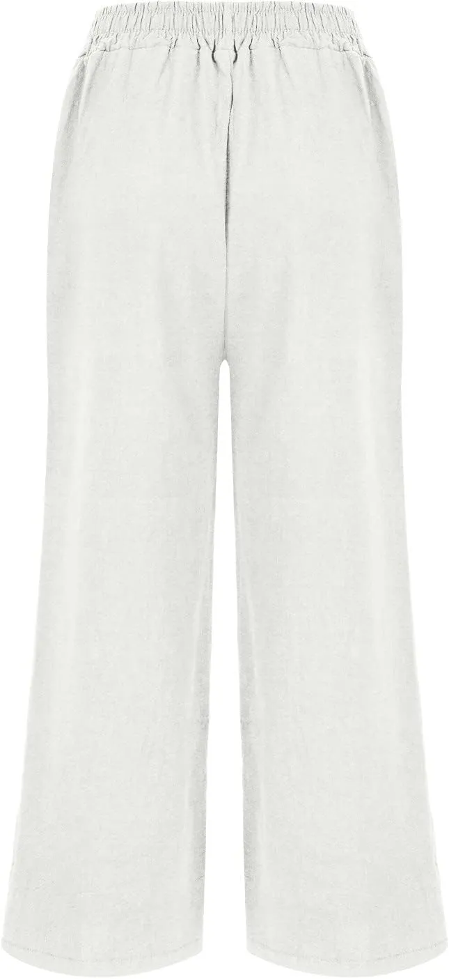 Women's Casual Floral Embroidered Cropped Pants Trendy Lightweight Elastic High Waist Solid Straight Wide Leg Baggy Trousers