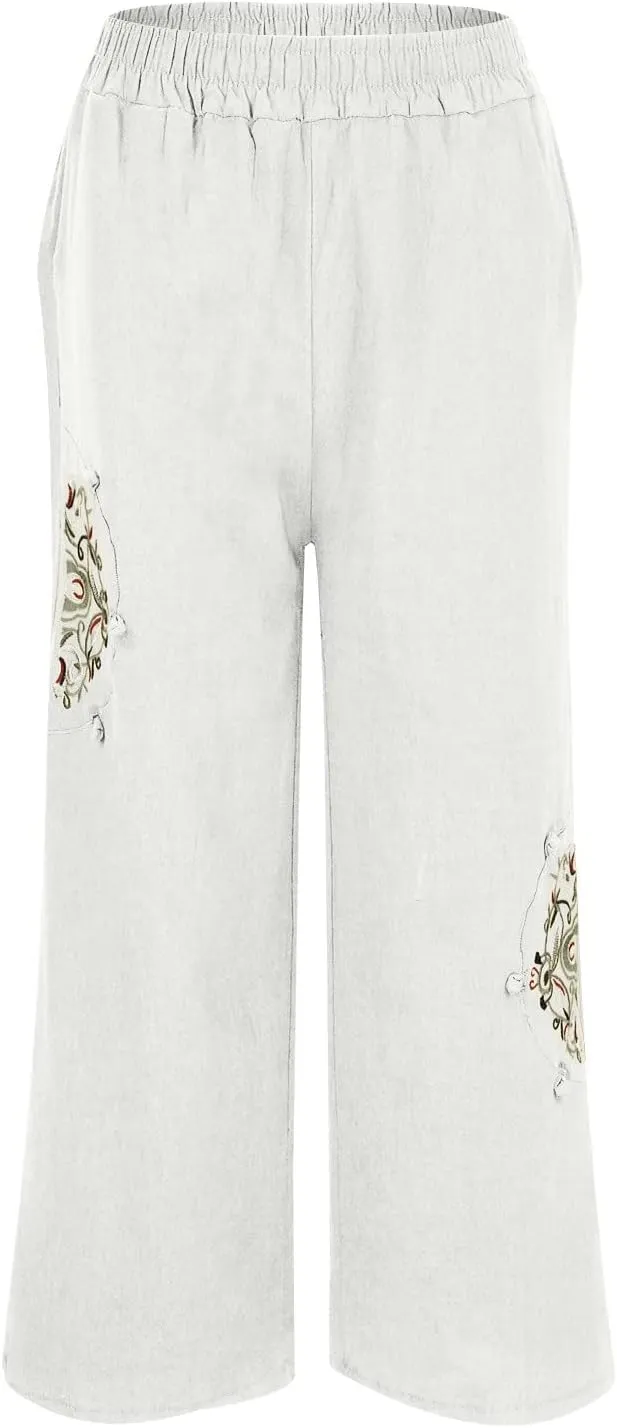 Women's Casual Floral Embroidered Cropped Pants Trendy Lightweight Elastic High Waist Solid Straight Wide Leg Baggy Trousers