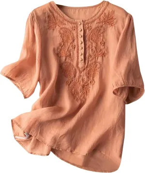 Womens Cotton Linen Short Sleeve Shirts Summer Casual Tops Loose Crewneck Boho Top Vintage Embroidered, Small