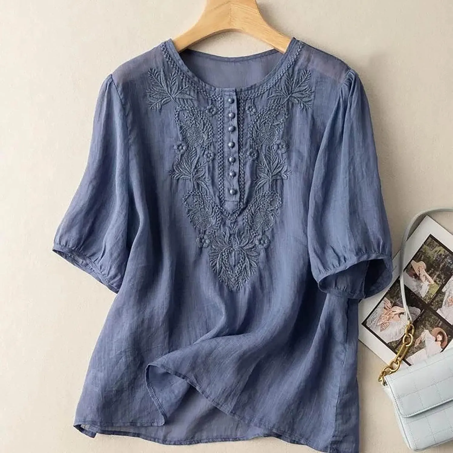 Womens Cotton Linen Short Sleeve Shirts Summer Casual Tops Loose Crewneck Boho Top Vintage Embroidered, Small