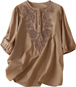 Womens Cotton Linen Short Sleeve Shirts Summer Casual Tops Loose Crewneck Boho Top Vintage Embroidered, Small