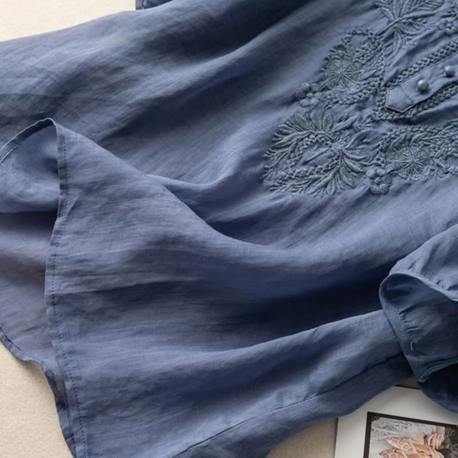 Womens Cotton Linen Short Sleeve Shirts Summer Casual Tops Loose Crewneck Boho Top Vintage Embroidered, Small