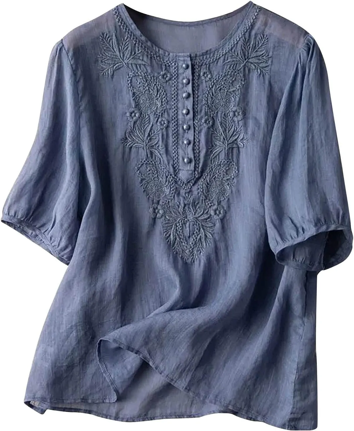 Womens Cotton Linen Short Sleeve Shirts Summer Casual Tops Loose Crewneck Boho Top Vintage Embroidered, Small