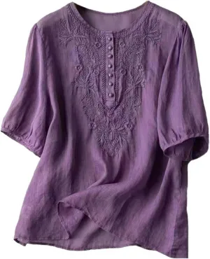 Womens Cotton Linen Short Sleeve Shirts Summer Casual Tops Loose Crewneck Boho Top Vintage Embroidered, Small