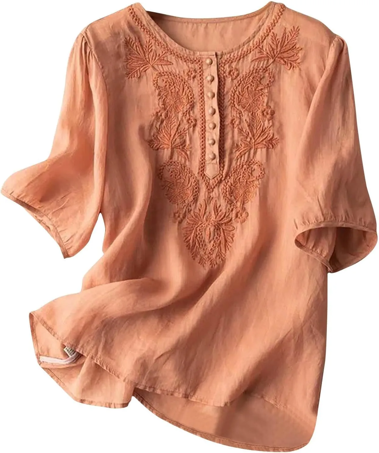 Womens Cotton Linen Short Sleeve Shirts Summer Casual Tops Loose Crewneck Boho Top Vintage Embroidered, Small