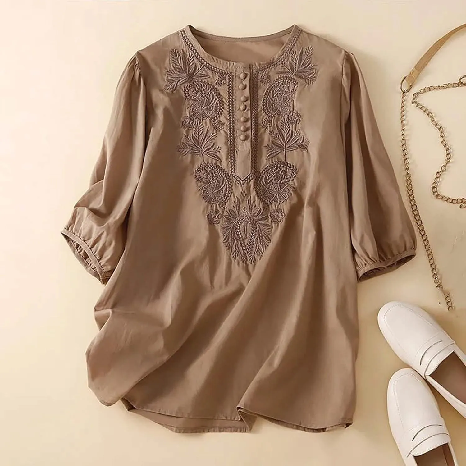 Womens Cotton Linen Short Sleeve Shirts Summer Casual Tops Loose Crewneck Boho Top Vintage Embroidered, Small